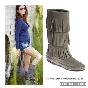 Minnetonka 3 Layer Fringe Calf High Boot - Grey Suede